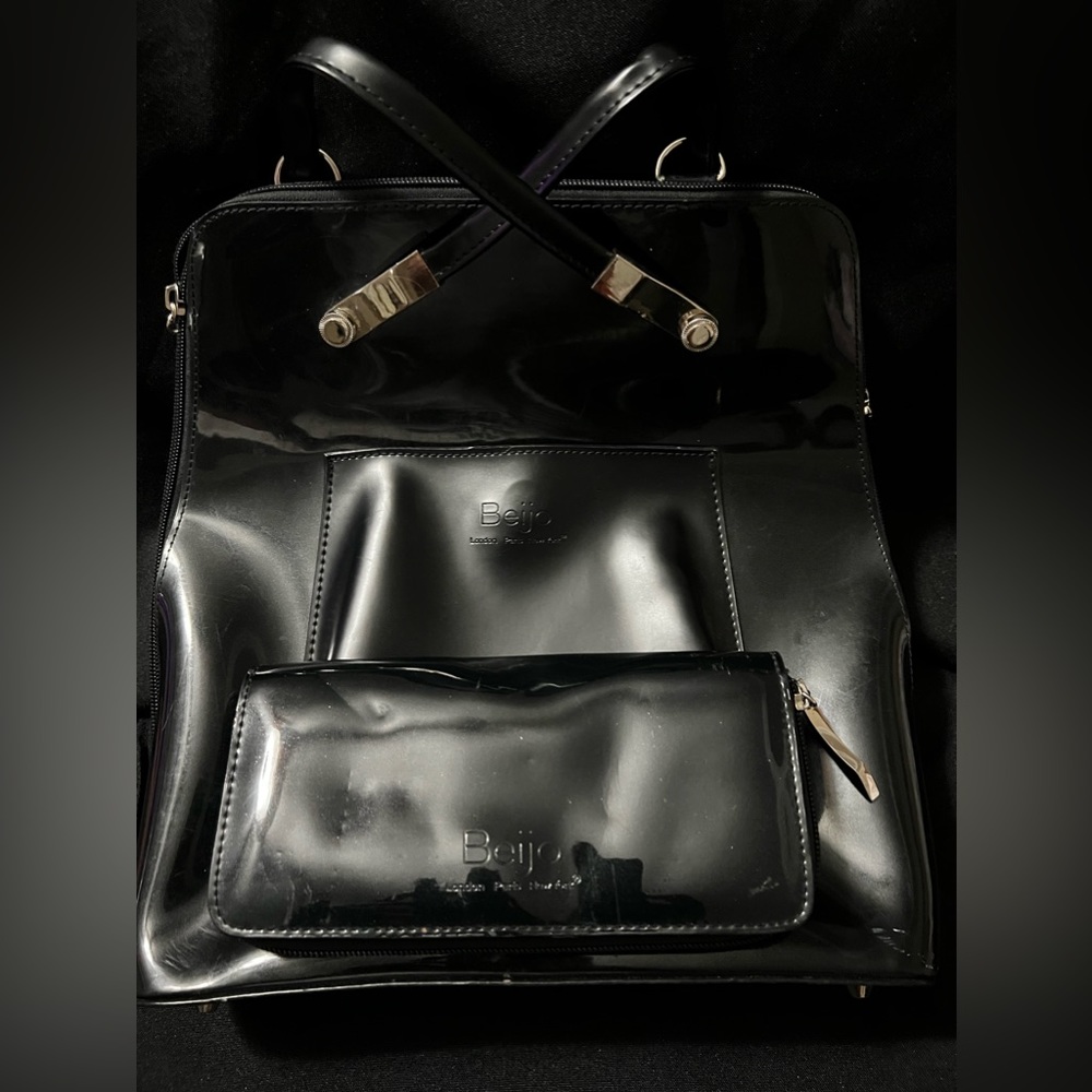 BEIJO black vinyl convertible purse/backpack with BEIJO black vinyl wallet.